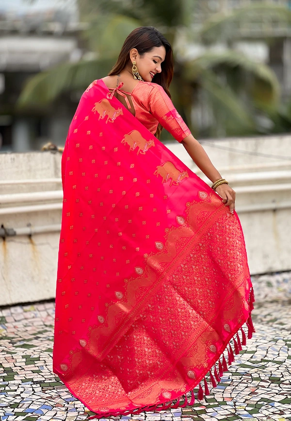 Soft Moonga Silk Saree with Traditional Dual Zari Nandi Border & Butti Blouse - FREE, PINK