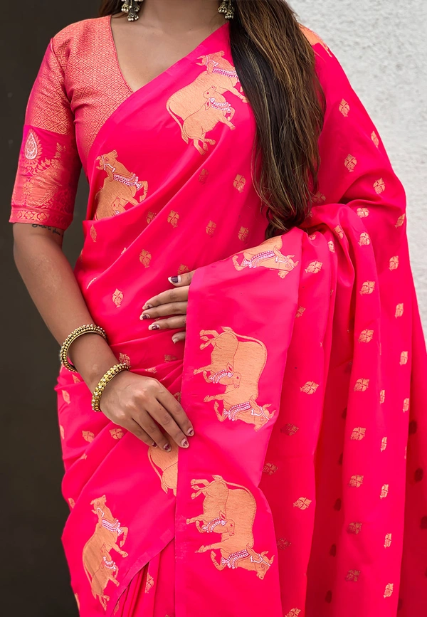 Soft Moonga Silk Saree with Traditional Dual Zari Nandi Border & Butti Blouse - FREE, PINK