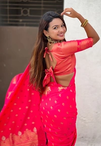 Soft Moonga Silk Saree with Traditional Dual Zari Nandi Border & Butti Blouse - FREE, PINK