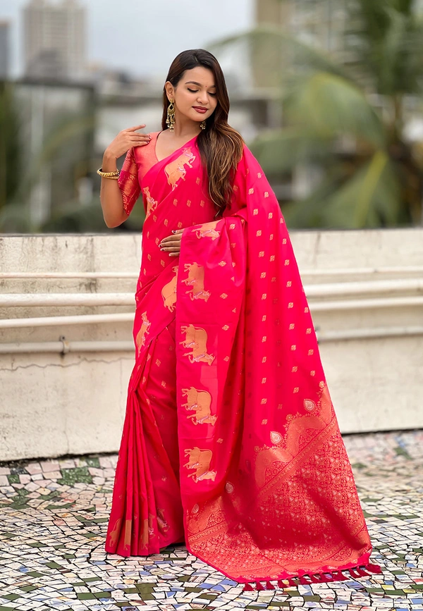 Soft Moonga Silk Saree with Traditional Dual Zari Nandi Border & Butti Blouse - FREE, PINK