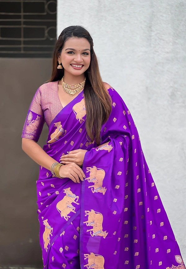 Soft Moonga Silk Saree with Traditional Dual Zari Nandi Border & Butti Blouse - FREE, PURPLE