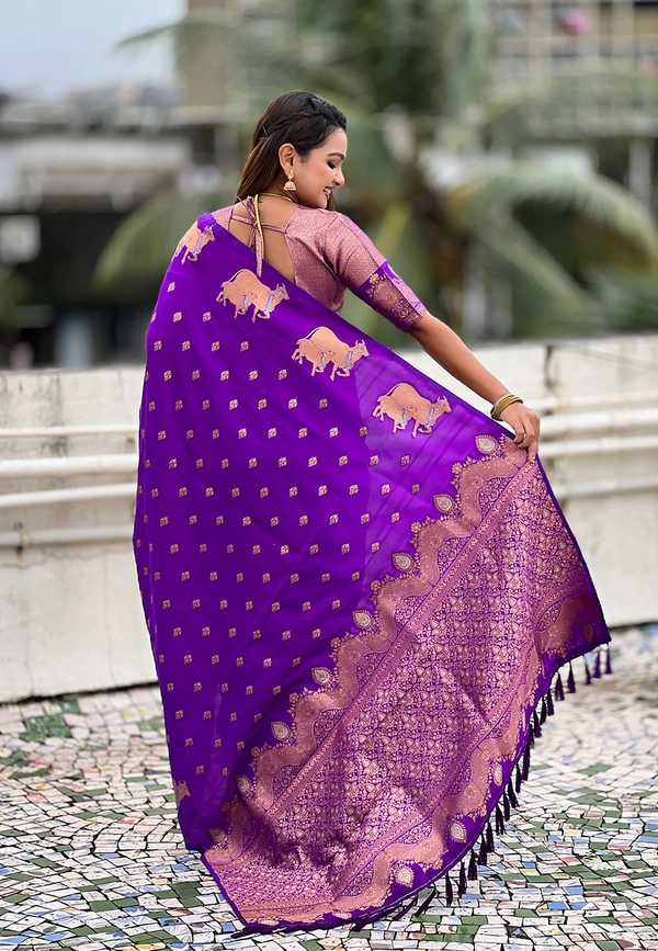 Soft Moonga Silk Saree with Traditional Dual Zari Nandi Border & Butti Blouse - FREE, PURPLE