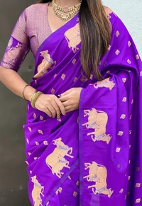 Soft Moonga Silk Saree with Traditional Dual Zari Nandi Border & Butti Blouse - FREE, PURPLE