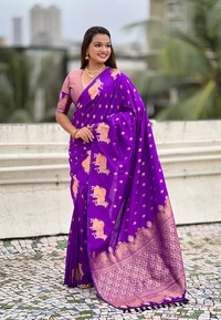 Soft Moonga Silk Saree with Traditional Dual Zari Nandi Border & Butti Blouse - FREE, PURPLE