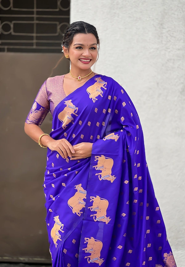 Soft Moonga Silk Saree with Traditional Dual Zari Nandi Border & Butti Blouse - FREE, VIOLET