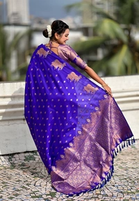 Soft Moonga Silk Saree with Traditional Dual Zari Nandi Border & Butti Blouse - FREE, VIOLET