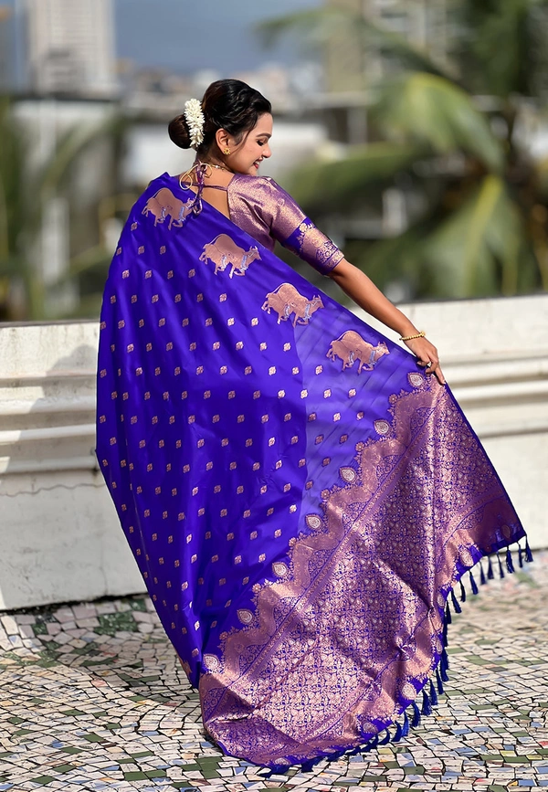 Soft Moonga Silk Saree with Traditional Dual Zari Nandi Border & Butti Blouse - FREE, VIOLET