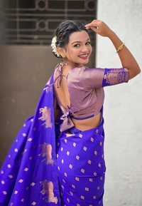 Soft Moonga Silk Saree with Traditional Dual Zari Nandi Border & Butti Blouse - FREE, VIOLET