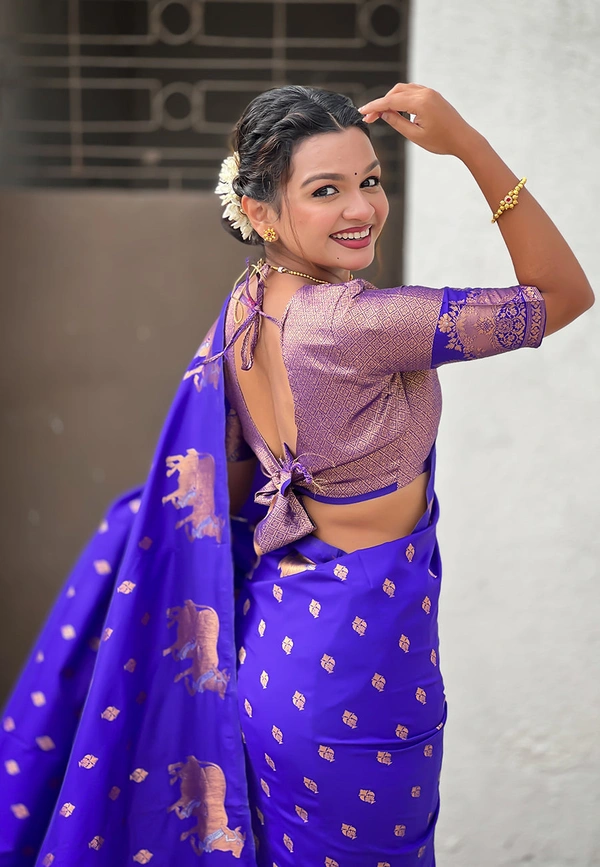 Soft Moonga Silk Saree with Traditional Dual Zari Nandi Border & Butti Blouse - FREE, VIOLET