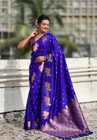 Soft Moonga Silk Saree with Traditional Dual Zari Nandi Border & Butti Blouse - FREE, VIOLET