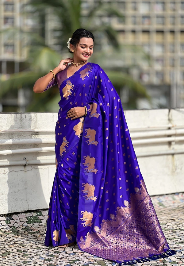 Soft Moonga Silk Saree with Traditional Dual Zari Nandi Border & Butti Blouse - FREE, VIOLET