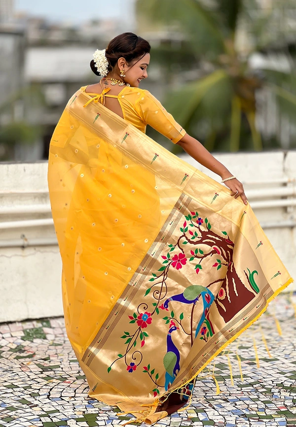 Soft Organza Paithani Saree with Meenakari Zari Butti & Rich Pallu - FREE, VAMA-YELLOW
