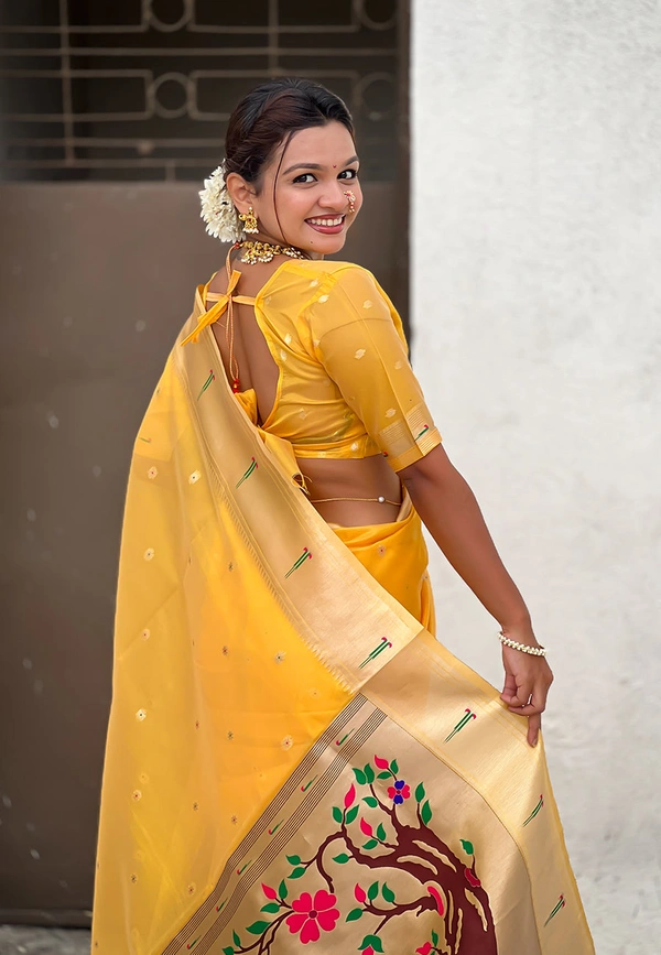 Soft Organza Paithani Saree with Meenakari Zari Butti & Rich Pallu - FREE, VAMA-YELLOW
