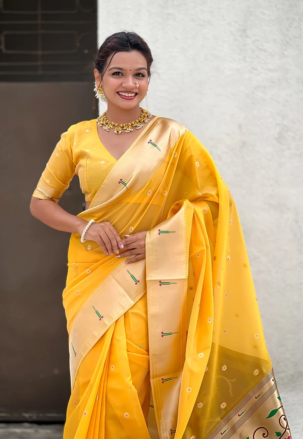 Soft Organza Paithani Saree with Meenakari Zari Butti & Rich Pallu - FREE, VAMA-YELLOW