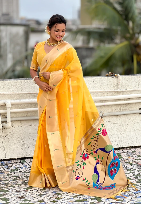 Soft Organza Paithani Saree with Meenakari Zari Butti & Rich Pallu - FREE, VAMA-YELLOW