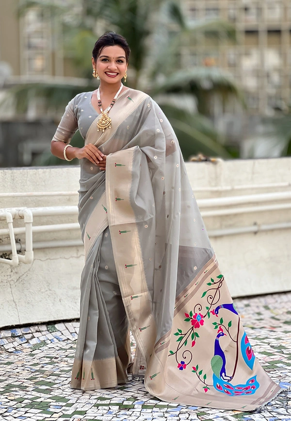 Soft Organza Paithani Saree with Meenakari Zari Butti & Rich Pallu