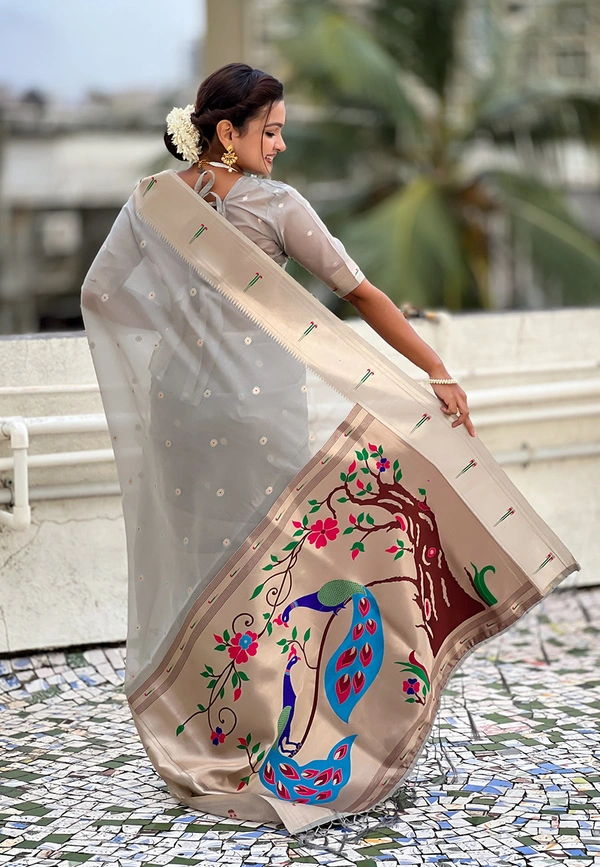Soft Organza Paithani Saree with Meenakari Zari Butti & Rich Pallu - FREE, VAMA-GREY