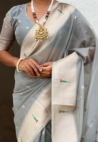 Soft Organza Paithani Saree with Meenakari Zari Butti & Rich Pallu - FREE, VAMA-GREY