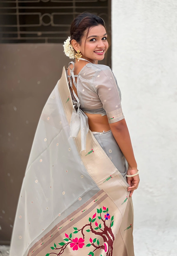 Soft Organza Paithani Saree with Meenakari Zari Butti & Rich Pallu - FREE, VAMA-GREY