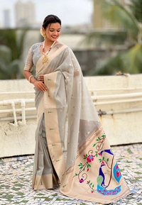 Soft Organza Paithani Saree with Meenakari Zari Butti & Rich Pallu - FREE, VAMA-GREY
