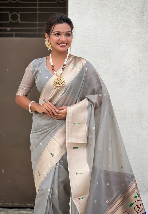 Soft Organza Paithani Saree with Meenakari Zari Butti & Rich Pallu - FREE, VAMA-GREY