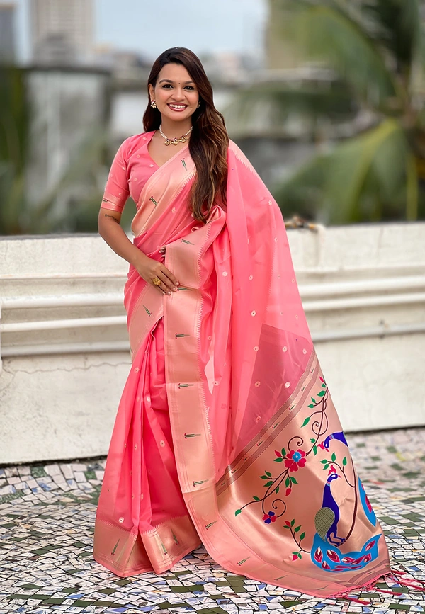 Soft Organza Paithani Saree with Meenakari Zari Butti & Rich Pallu