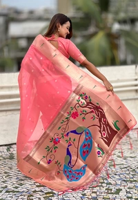 Soft Organza Paithani Saree with Meenakari Zari Butti & Rich Pallu - FREE, VAMA-DARKINK