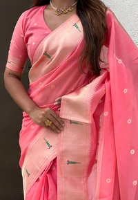 Soft Organza Paithani Saree with Meenakari Zari Butti & Rich Pallu - FREE, VAMA-DARKINK