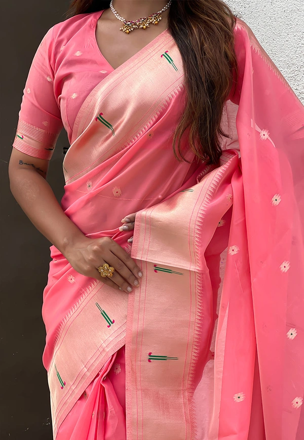 Soft Organza Paithani Saree with Meenakari Zari Butti & Rich Pallu - FREE, VAMA-DARKINK