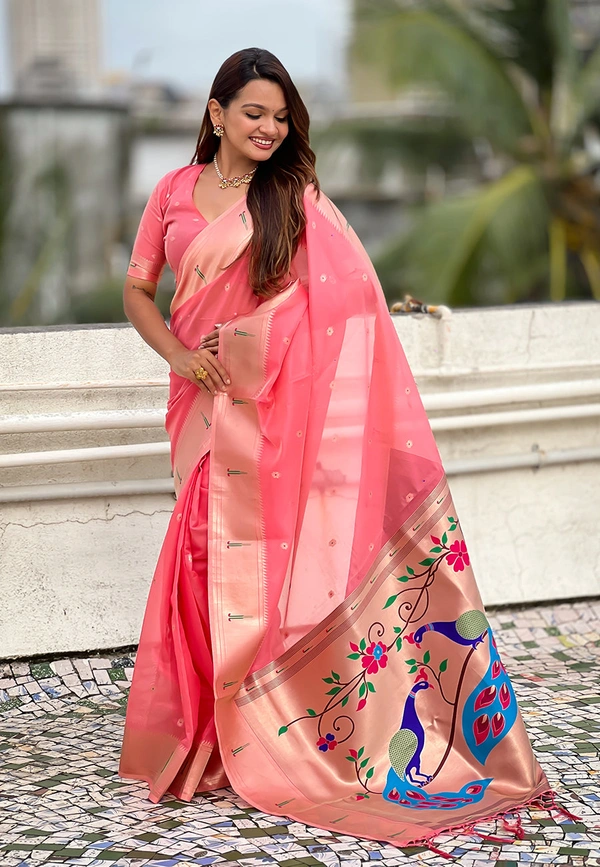 Soft Organza Paithani Saree with Meenakari Zari Butti & Rich Pallu - FREE, VAMA-DARKINK