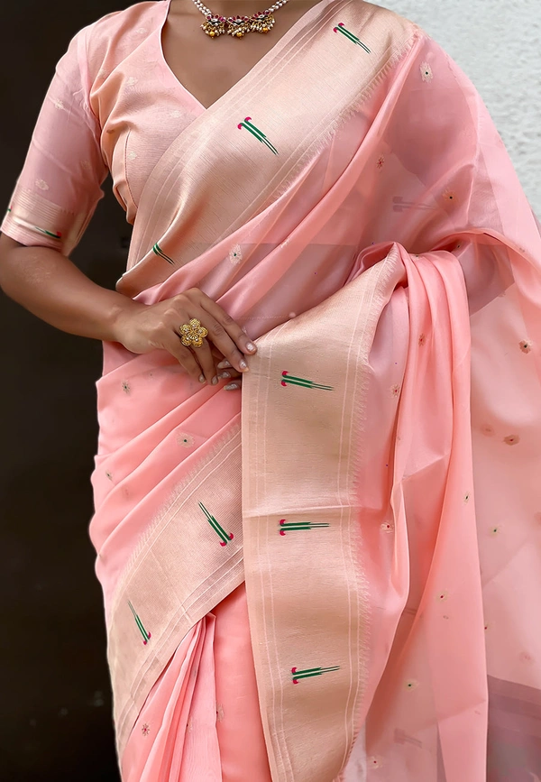 Soft Organza Paithani Saree with Meenakari Zari Butti & Rich Pallu - FREE, VAMA-BABYPINK