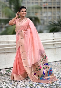 Soft Organza Paithani Saree with Meenakari Zari Butti & Rich Pallu - FREE, VAMA-BABYPINK
