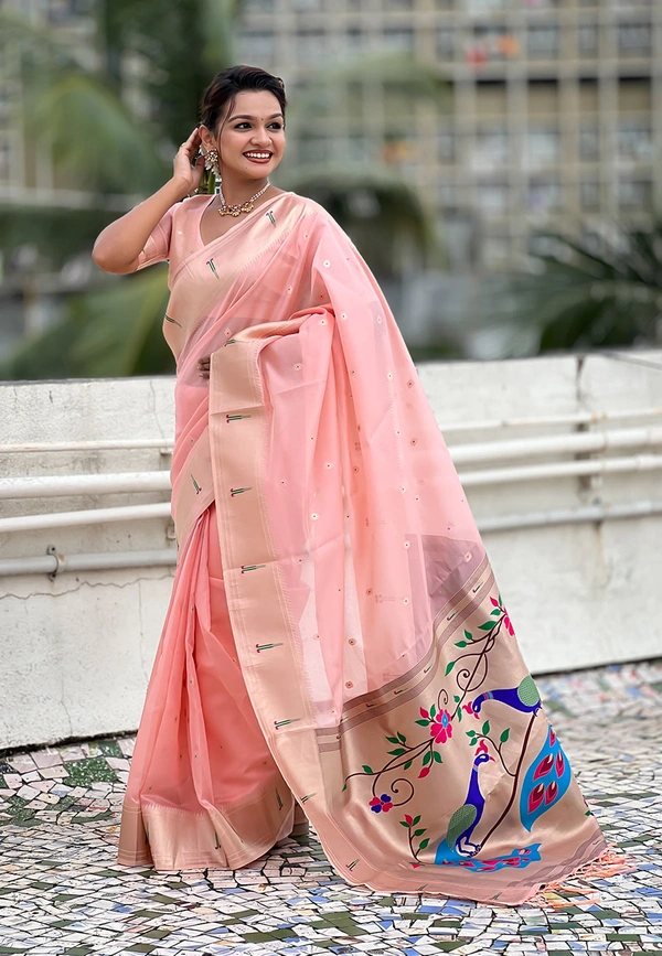 Soft Organza Paithani Saree with Meenakari Zari Butti & Rich Pallu - FREE, VAMA-BABYPINK