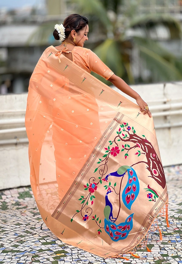 Soft Organza Paithani Saree with Meenakari Zari Butti & Rich Pallu - FREE, VAMA-PEACH