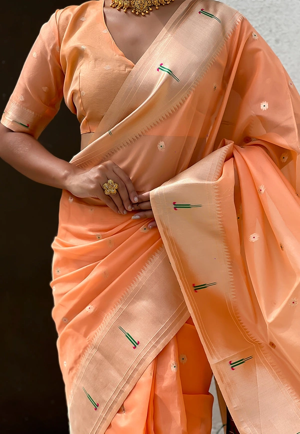 Soft Organza Paithani Saree with Meenakari Zari Butti & Rich Pallu - FREE, VAMA-PEACH