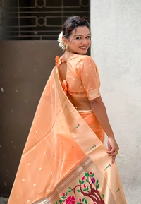 Soft Organza Paithani Saree with Meenakari Zari Butti & Rich Pallu - FREE, VAMA-PEACH