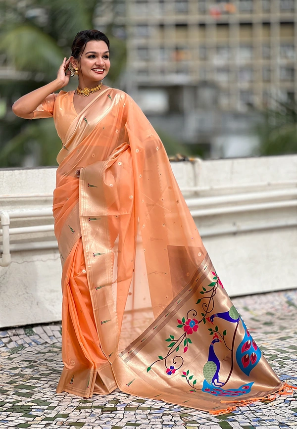 Soft Organza Paithani Saree with Meenakari Zari Butti & Rich Pallu - FREE, VAMA-PEACH