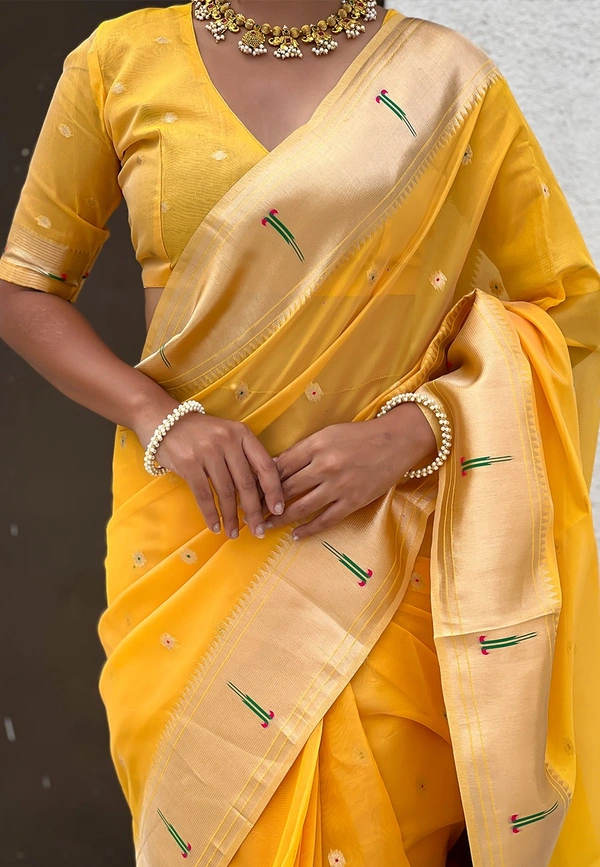 PAITHANI_HOUSE158 Soft Organza Paithani Saree with Zari Weaving & Brocade Blouse � Festive Collection-VAMA - YELLOW