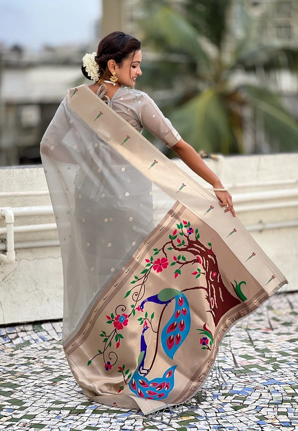 PAITHANI_HOUSE159 Soft Organza Paithani Saree with Zari Weaving & Brocade Blouse � Festive Collection-VAMA - GREY