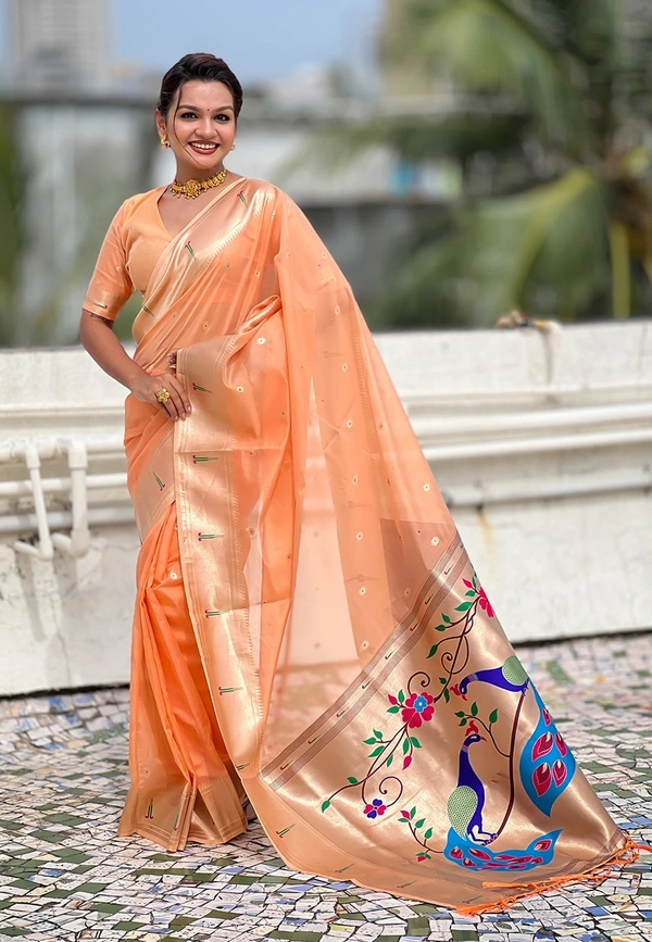 PAITHANI_HOUSE160 Soft Organza Paithani Saree with Zari Weaving & Brocade Blouse � Festive Collection-VAMA - PEACH