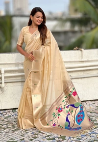 PAITHANI_HOUSE161 Soft Organza Paithani Saree with Zari Weaving & Brocade Blouse � Festive Collection-VAMA - CHICKOO