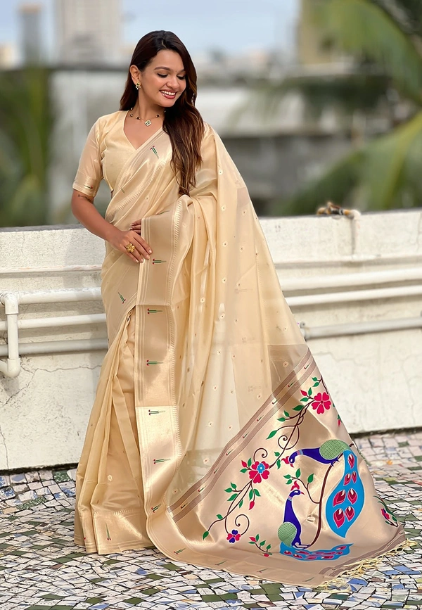 PAITHANI_HOUSE161 Soft Organza Paithani Saree with Zari Weaving & Brocade Blouse � Festive Collection-VAMA - CHICKOO