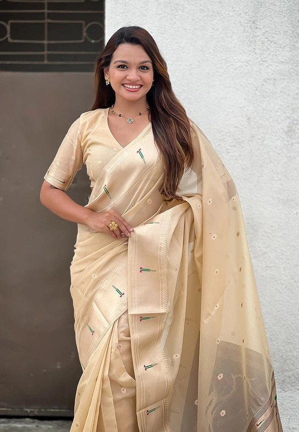 PAITHANI_HOUSE161 Soft Organza Paithani Saree with Zari Weaving & Brocade Blouse � Festive Collection-VAMA - CHICKOO