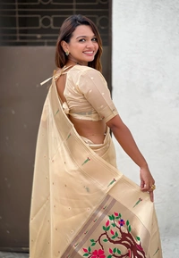 PAITHANI_HOUSE161 Soft Organza Paithani Saree with Zari Weaving & Brocade Blouse � Festive Collection-VAMA - CHICKOO