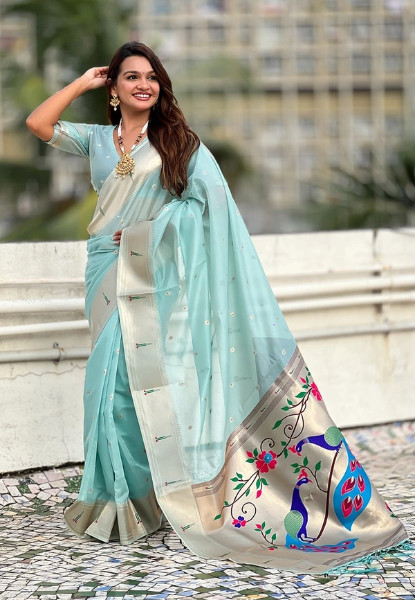 PAITHANI_HOUSE163 Soft Organza Paithani Saree with Zari Weaving & Brocade Blouse � Festive Collection-VAMA - SKY BLUE