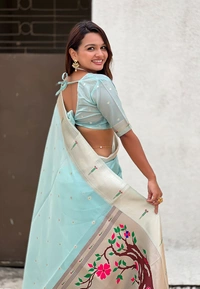 PAITHANI_HOUSE163 Soft Organza Paithani Saree with Zari Weaving & Brocade Blouse � Festive Collection-VAMA - SKY BLUE