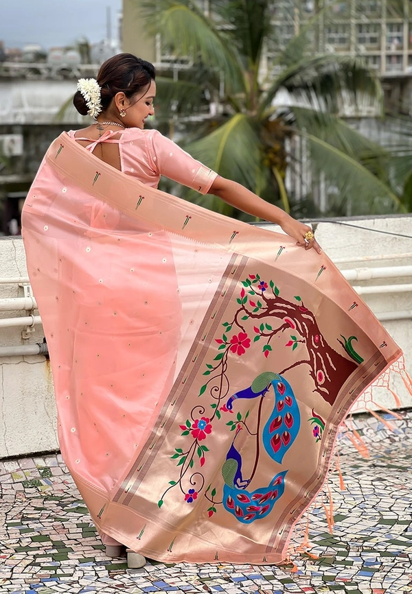 PAITHANI_HOUSE164 Soft Organza Paithani Saree with Zari Weaving & Brocade Blouse � Festive Collection-VAMA - BABY PINK