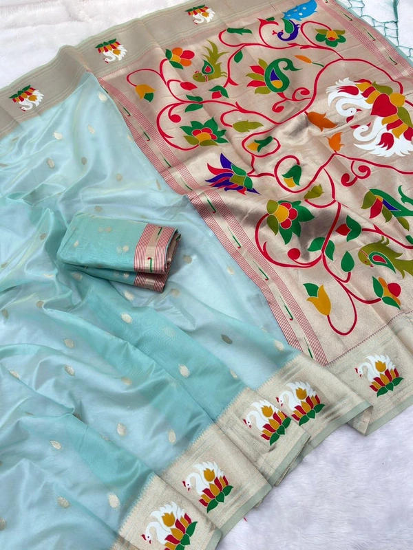 PAITHANI_HOUSE80 Soft Organza Rajhans Paithani Saree with Meenakari Swan Border & Brocade Blouse | VANI Collection - FREE, Teal Blue