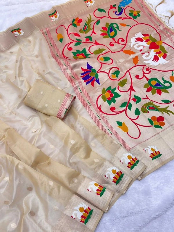 PAITHANI_HOUSE82 Soft Organza Rajhans Paithani Saree with Meenakari Swan Border & Brocade Blouse | VANI Collection - FREE, Beige