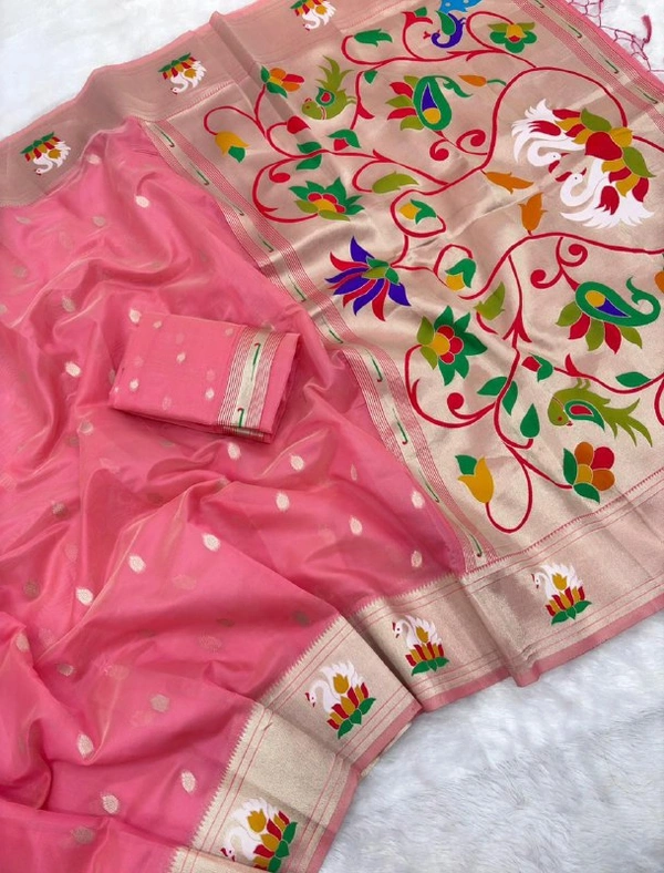 PAITHANI_HOUSE83 Soft Organza Rajhans Paithani Saree with Meenakari Swan Border & Brocade Blouse | VANI Collection - FREE, Pink